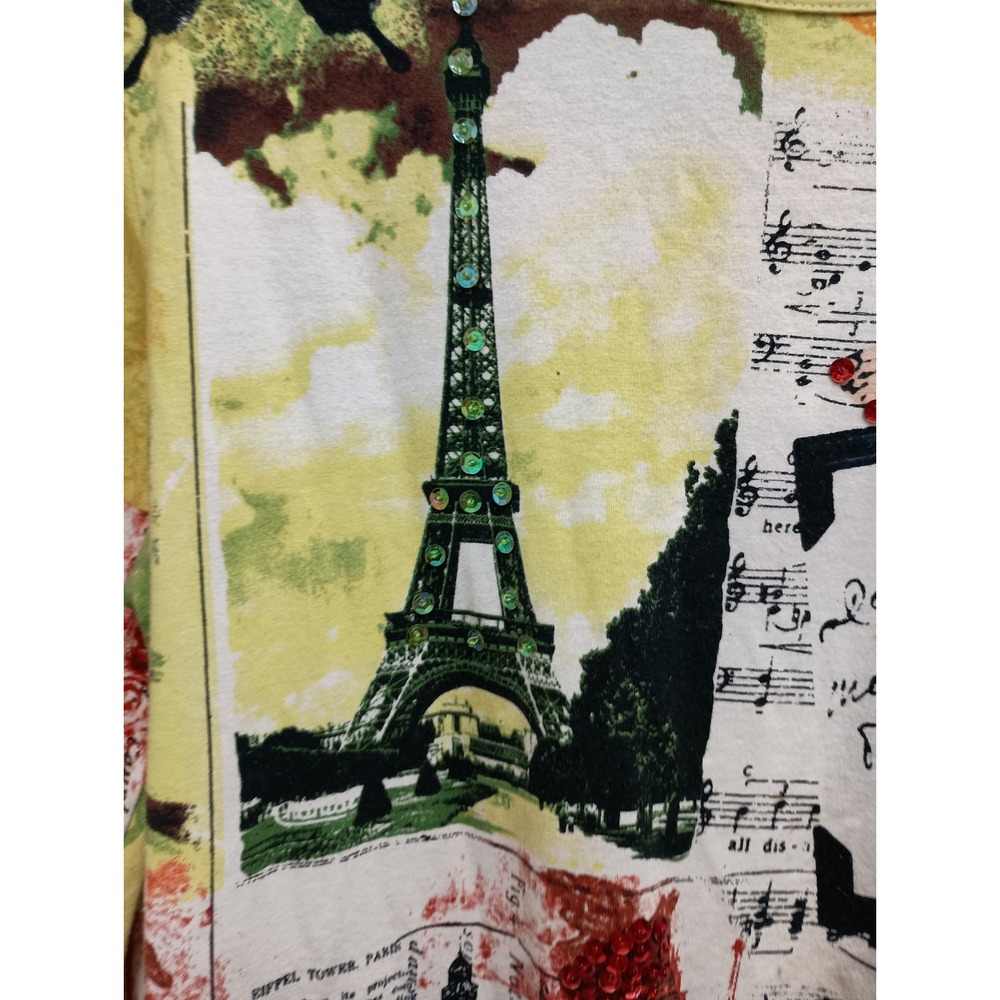 French Postcards Wearable Art Top Womens S Yellow Paris Eiffel Tower Sequin - Picture 3 of 11